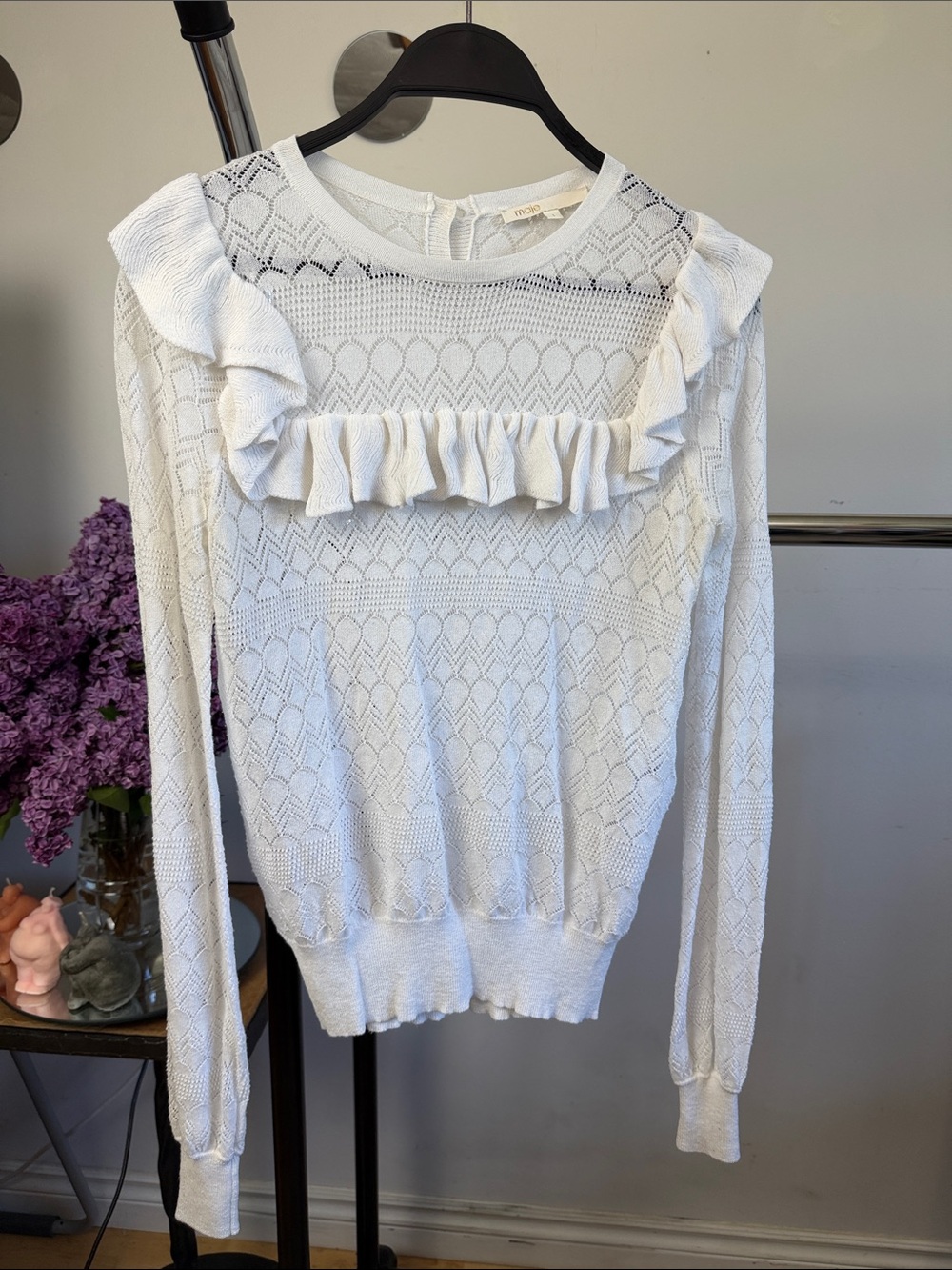 Maje White Crochet Lace Crewneck Top with Gold Logo